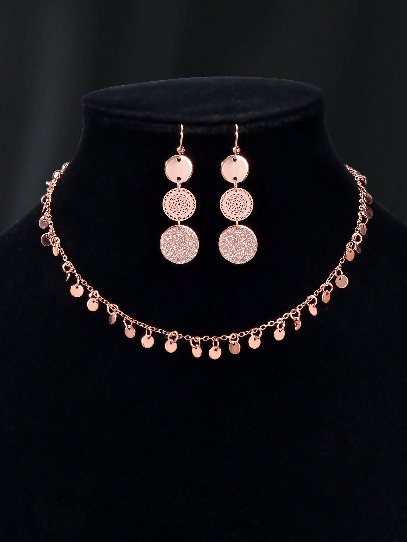 Radiant Rose Gold Multi-Disc Pendant Necklace & Earrings Set - Elegant Ensemble-3