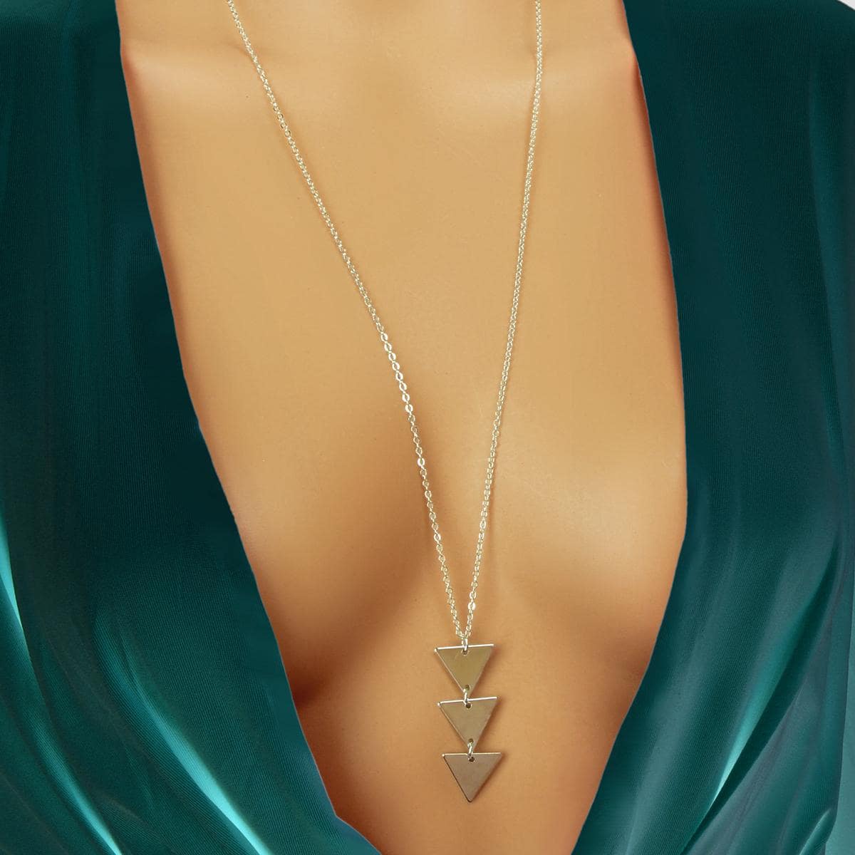 Modern Long Chain Necklace with Three Triangle Pendants-0