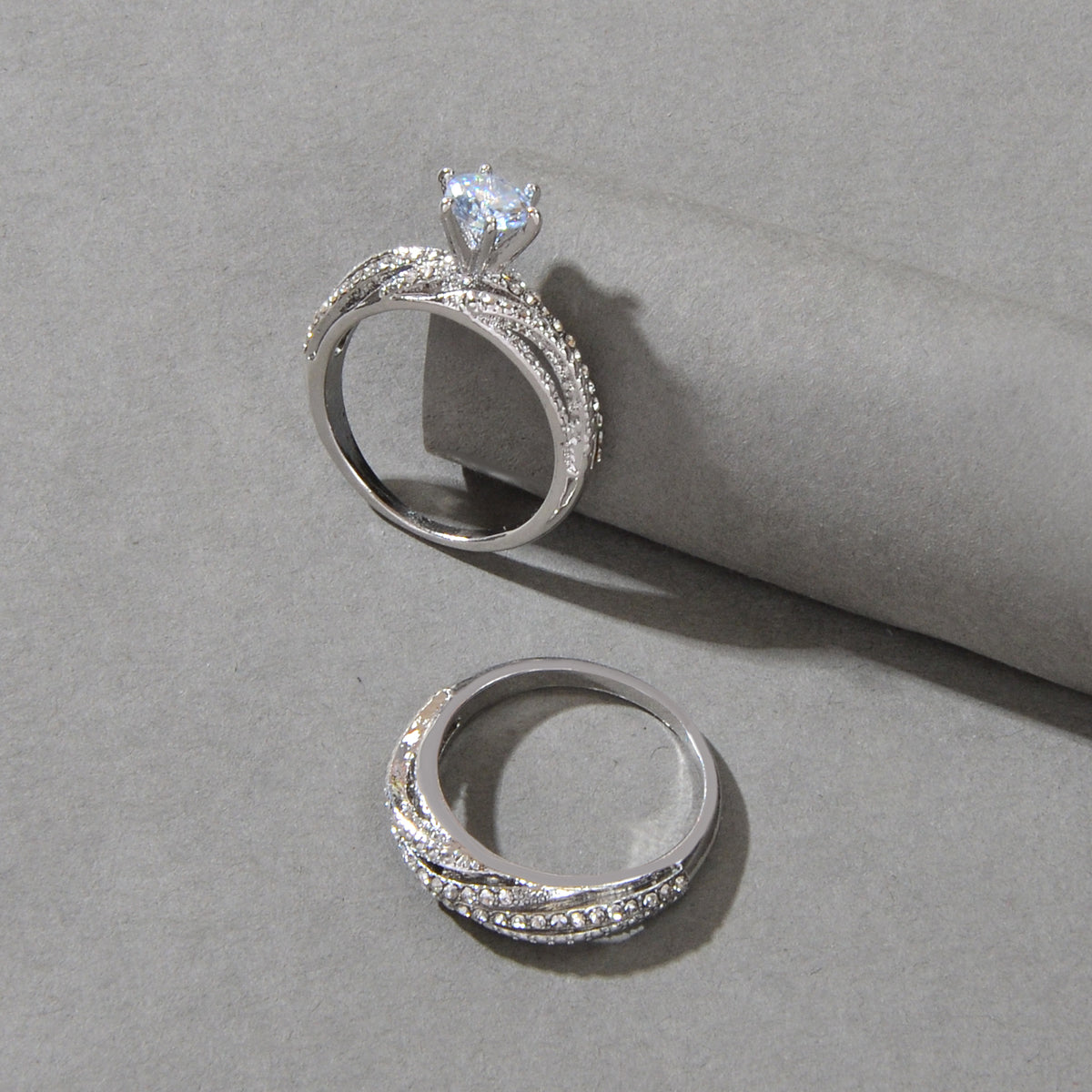 2 pcs Wedding Jewellery Luxurious Rhinestone Silver Finger Ring Bridal Ring Band-0