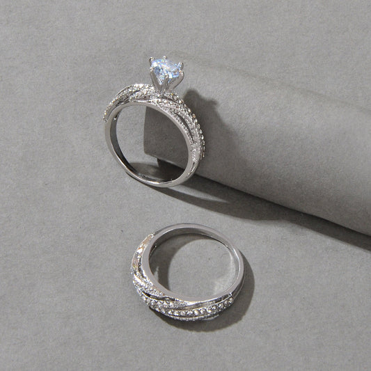 2 pcs Wedding Jewellery Luxurious Rhinestone Silver Finger Ring Bridal Ring Band-0