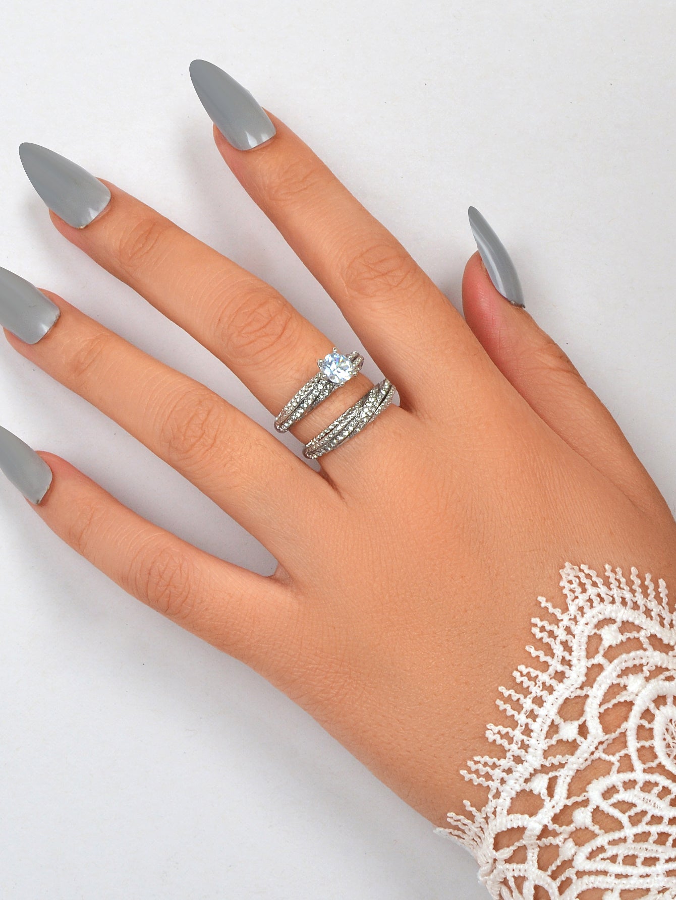 2 pcs Wedding Jewellery Luxurious Rhinestone Silver Finger Ring Bridal Ring Band-1