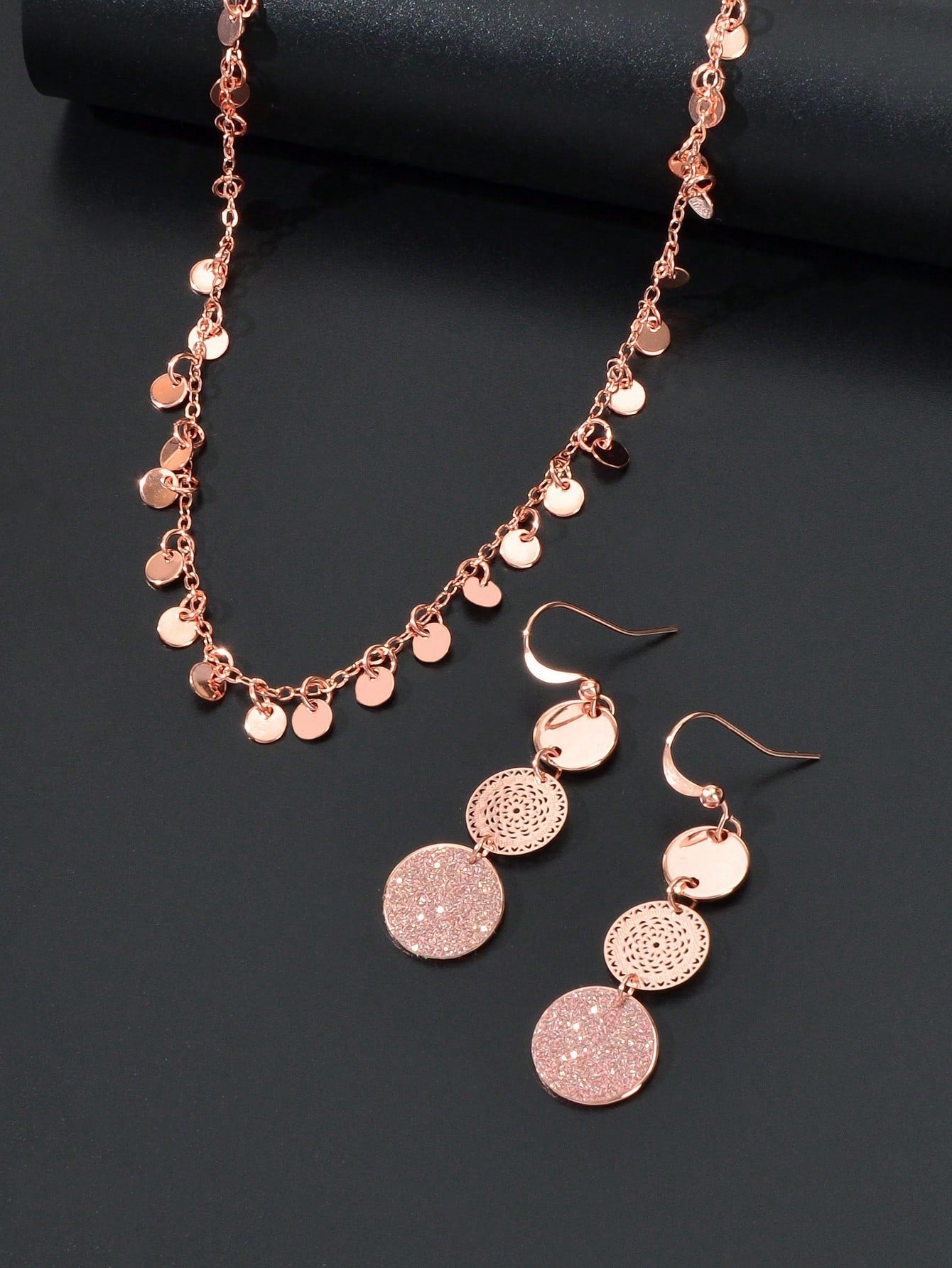 Radiant Rose Gold Multi-Disc Pendant Necklace & Earrings Set - Elegant Ensemble-2