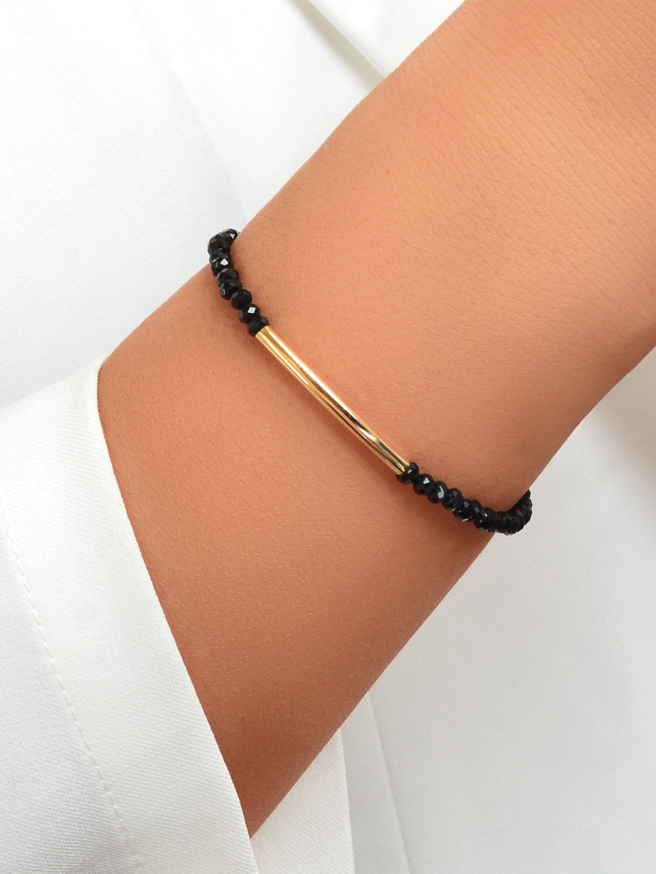 Trendy Handcrafted Black Beads Gold Metal String Bracelet Women Bangle Jewellery-1