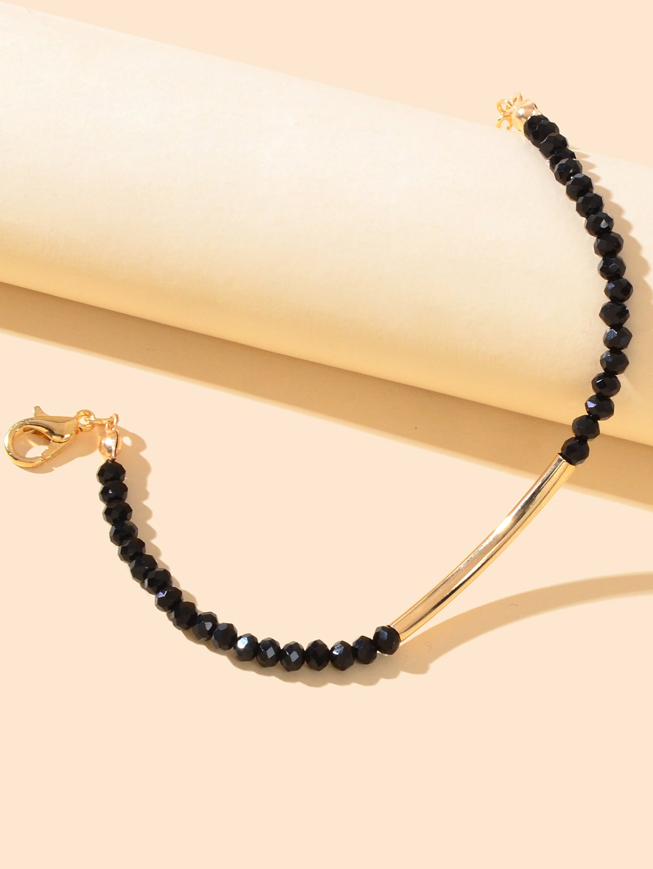 Trendy Handcrafted Black Beads Gold Metal String Bracelet Women Bangle Jewellery-2