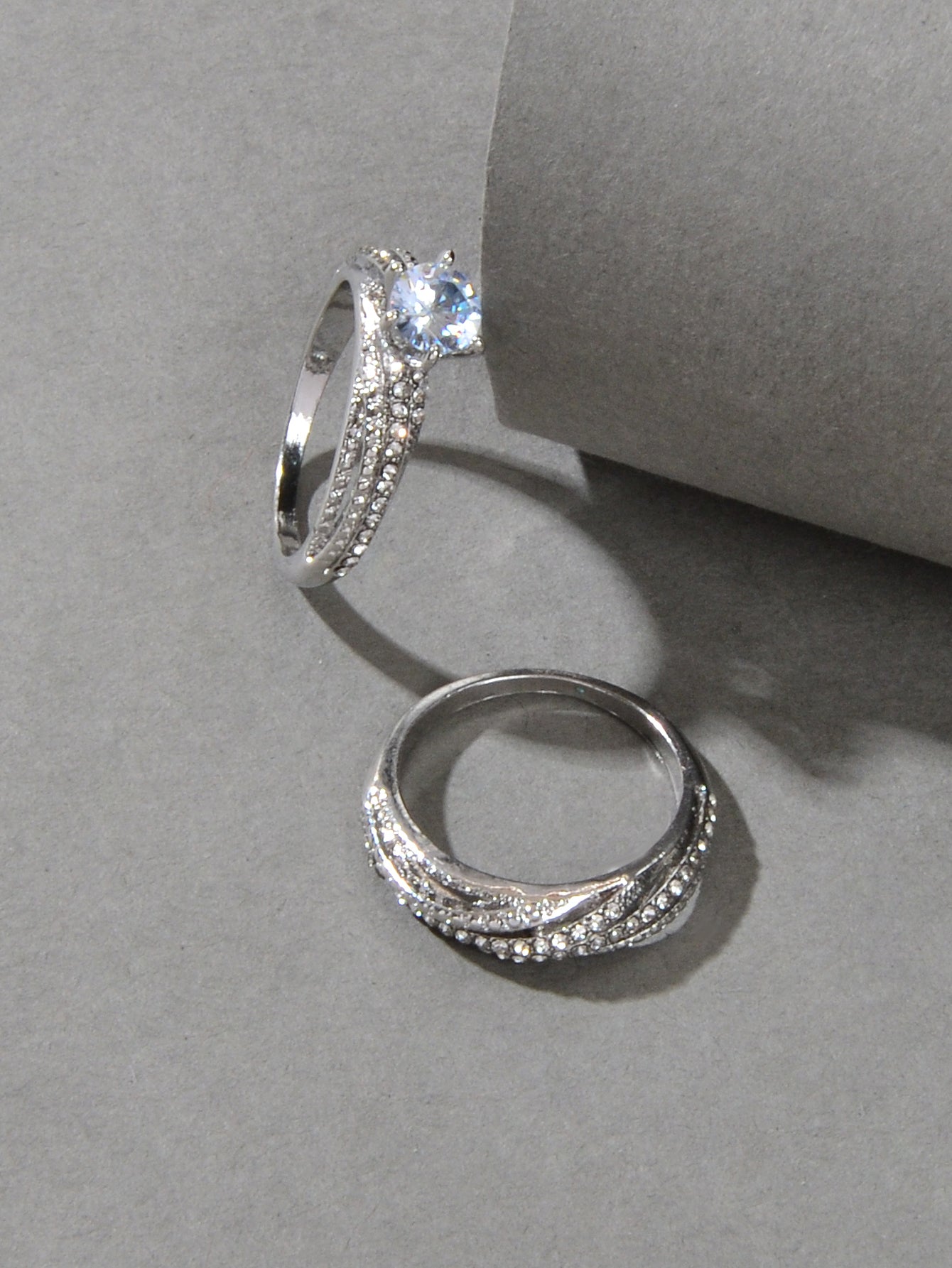 2 pcs Wedding Jewellery Luxurious Rhinestone Silver Finger Ring Bridal Ring Band-3